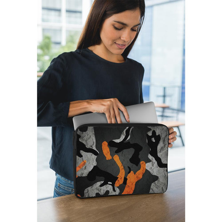 orange camo pattern designs laptop sleeves by sleeky india