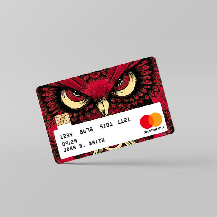 trippy-owl-red-card By Sleeky India. Debit Card skins, Credit Card skins, Card skins in India, Atm card skins, Bank Card skins, Skins for debit card, Skins for debit Card, Personalized card skins, Customised credit card, Customised dedit card, Custom card skins